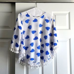 Blue and white heart print top with tassels by Sugar one size S/M